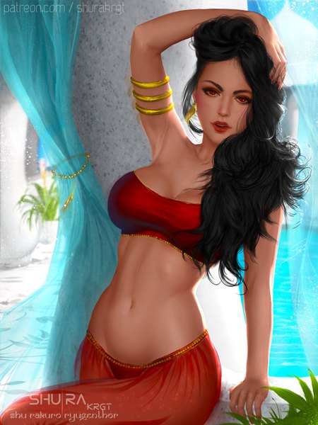 Anime picture 600x800 with aladdin disney jasmine shurakrgt single long hair tall image looking at viewer blush breasts light erotic black hair red eyes large breasts sitting signed cleavage nail polish traditional clothes arm up