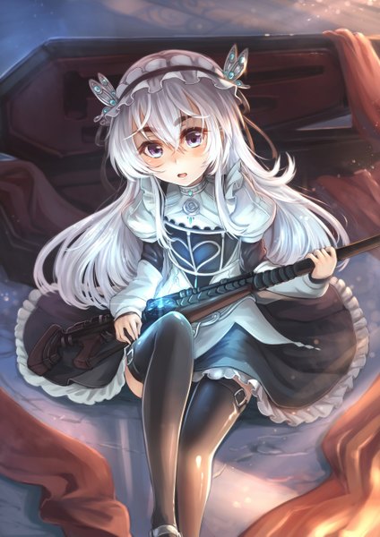 Anime picture 992x1403 with hitsugi no chaika studio bones chaika trabant ks single long hair tall image looking at viewer blush open mouth purple eyes white hair girl thighhighs dress hair ornament weapon black thighhighs headdress gun