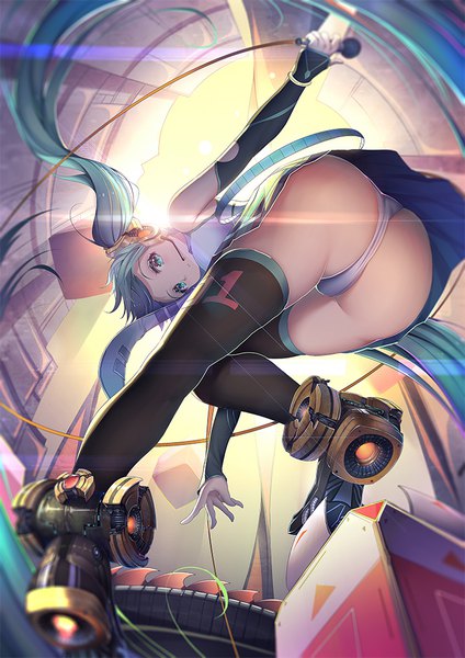Anime picture 700x990 with vocaloid hatsune miku kr (sapphire) single tall image looking at viewer light erotic smile twintails bent knee (knees) ass very long hair aqua eyes aqua hair from below looking down upskirt girl thighhighs skirt