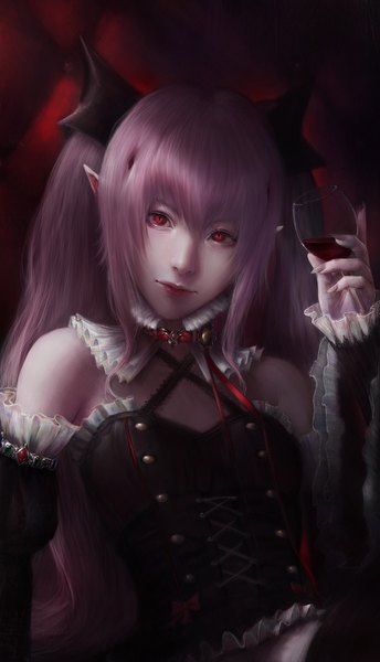 Anime picture 800x1394 with owari no seraph wit studio kururu tepes senkothefan single long hair tall image looking at viewer fringe hair between eyes red eyes twintails bare shoulders pink hair upper body fingernails pointy ears realistic vampire demon eyes