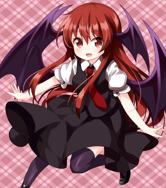 Anime picture 1148x1300 with touhou koakuma ruu (tksymkw) single long hair tall image looking at viewer blush fringe open mouth hair between eyes red eyes red hair :d puffy sleeves head wings demon wings plaid plaid background girl