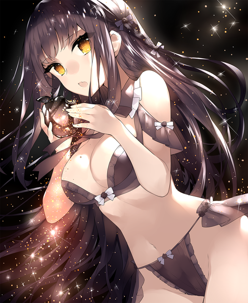 Anime picture 1072x1308 with original touwa nikuman single long hair tall image looking at viewer blush fringe breasts open mouth light erotic black hair simple background large breasts standing holding yellow eyes payot cleavage blunt bangs