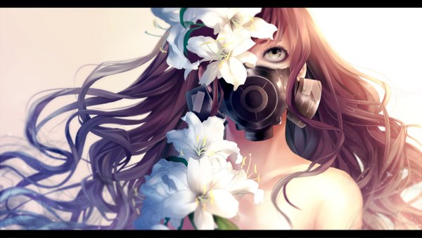 Anime picture 1200x679 with original emaema single fringe brown hair wide image green eyes hair over one eye floating hair letterboxed wavy hair face girl flower (flowers) respirator