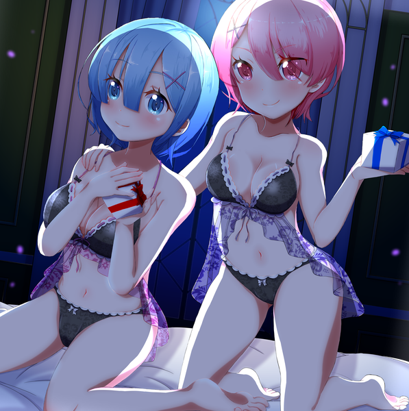 Anime picture 3536x3556 with re:zero kara hajimeru isekai seikatsu white fox rem (re:zero) ram (re:zero) sarujie (broken monky) tall image looking at viewer blush fringe highres short hair breasts blue eyes light erotic smile hair between eyes large breasts sitting multiple girls holding