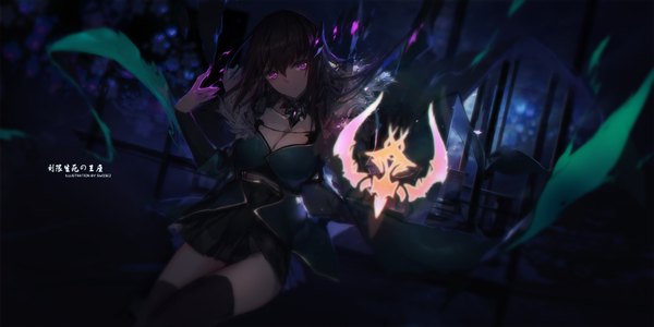 Anime picture 1913x957 with original pixiv fantasia pixiv fantasia t swd3e2 single long hair looking at viewer highres black hair wide image purple eyes magic glowing girl thighhighs dress black thighhighs