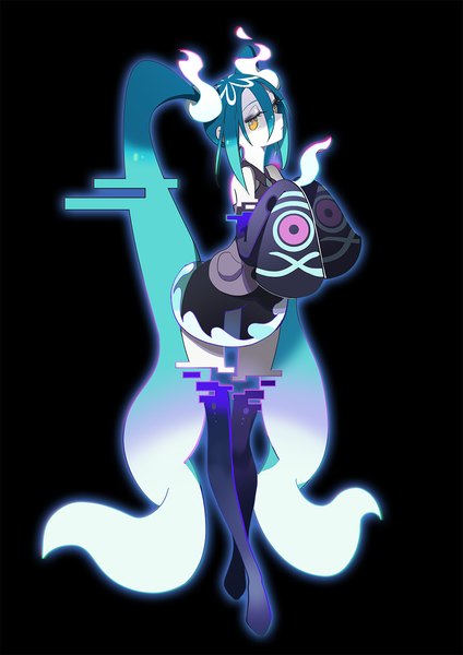 Anime picture 1000x1415 with pokemon vocaloid nintendo project voltage hatsune miku ghost miku (project voltage) indai (3330425) single tall image looking at viewer fringe simple background hair between eyes twintails yellow eyes full body long sleeves very long hair aqua hair black background