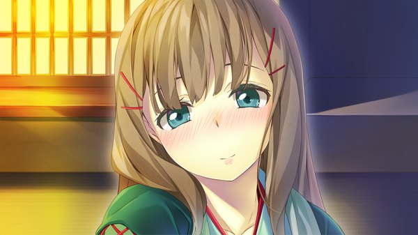Anime picture 1280x720 with sengoku hime 5 long hair looking at viewer blush blue eyes smile brown hair wide image game cg girl hair ornament hairclip