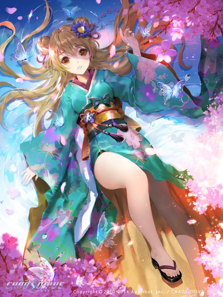 Anime picture 1000x1333 with chaos drive tob single long hair tall image looking at viewer blonde hair traditional clothes japanese clothes hair flower orange eyes revision girl hair ornament flower (flowers) petals kimono insect butterfly