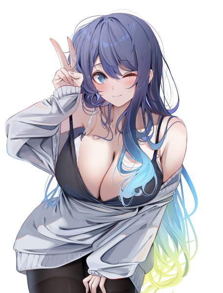 Anime picture 1663x2190 with original komupi1013 single long hair tall image looking at viewer blush fringe breasts blue eyes light erotic simple background smile hair between eyes large breasts standing white background blue hair cleavage long sleeves