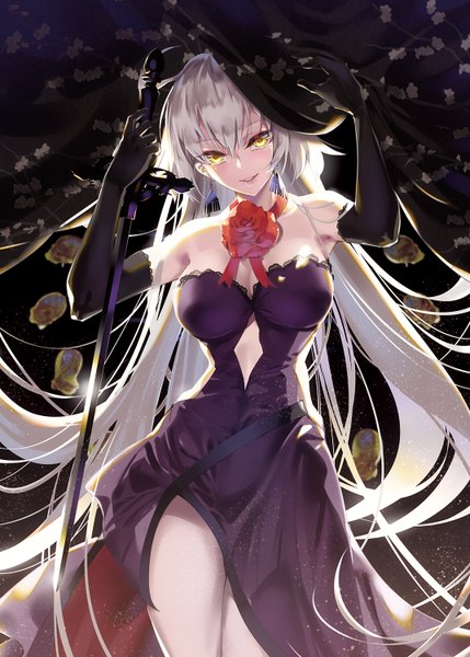Anime picture 1072x1500 with fate (series) fate/grand order jeanne d'arc (fate) (all) jeanne d'arc alter (fate) tsurukame single tall image looking at viewer blush fringe breasts hair between eyes large breasts bare shoulders holding yellow eyes silver hair very long hair parted lips center opening