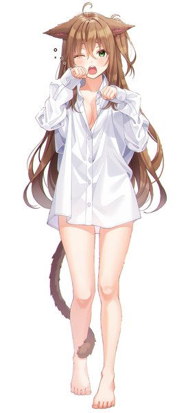 Anime picture 813x1800 with original unjem single long hair tall image looking at viewer blush fringe breasts open mouth light erotic simple background hair between eyes brown hair standing white background green eyes animal ears payot full body
