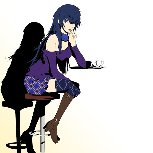 Anime picture 1200x1200 with persona 4 persona 3 persona shirogane naoto female protagonist (p3) dh (brink of memories) single long hair looking at viewer blue eyes simple background white background sitting bare shoulders signed blue hair shadow plaid skirt female protagonist (p3) (cosplay) girl