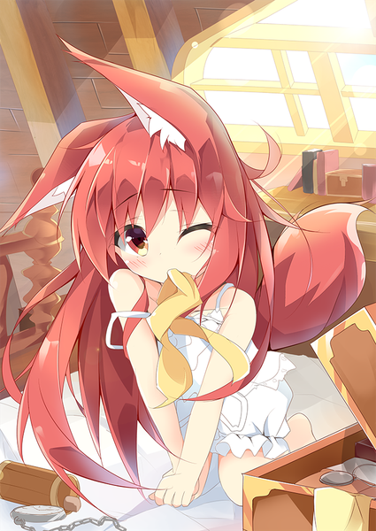 Anime picture 708x1000 with original kushida you single long hair tall image looking at viewer blush red eyes holding animal ears red hair tail animal tail one eye closed sunlight off shoulder official art fox ears mouth hold fox tail