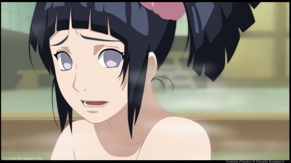 Anime picture 1067x600 with naruto studio pierrot naruto (series) hyuuga hinata soelium single short hair open mouth light erotic black hair wide image bare shoulders ponytail grey eyes coloring side ponytail close-up steam girl onsen