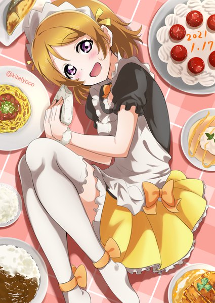 Anime picture 724x1023 with love live! school idol project sunrise (studio) love live! koizumi hanayo kitatyoco single tall image looking at viewer blush short hair open mouth brown hair purple eyes signed lying :d no shoes twitter username dated on side