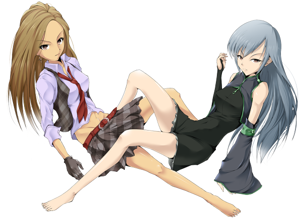 Anime picture 2067x1496 with solru (tyappygain) long hair looking at viewer highres brown hair multiple girls brown eyes silver hair barefoot legs transparent background girl dress skirt 2 girls detached sleeves miniskirt shirt necktie