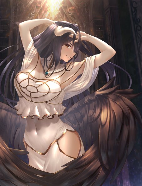 Anime picture 1900x2500 with overlord (maruyama) madhouse albedo (overlord) rausu (undeadmachine) single long hair tall image looking at viewer blush fringe highres breasts black hair smile hair between eyes large breasts standing bare shoulders brown eyes indoors