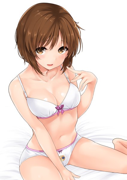 Anime picture 1240x1754 with girls und panzer nishizumi miho boko (girls und panzer) harino646 single tall image looking at viewer fringe short hair breasts open mouth light erotic simple background smile hair between eyes brown hair white background sitting brown eyes payot