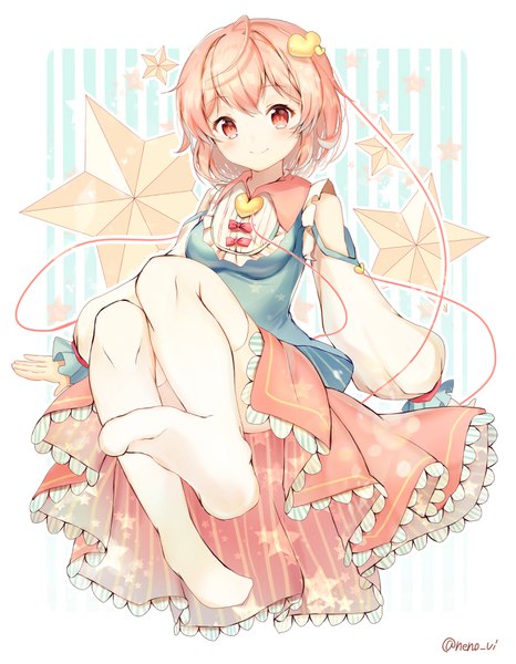 Anime picture 2814x3625 with touhou komeiji satori nenobi (nenorium) single tall image looking at viewer highres short hair smile signed pink hair full body pink eyes no shoes twitter username striped adapted costume girl thighhighs white thighhighs