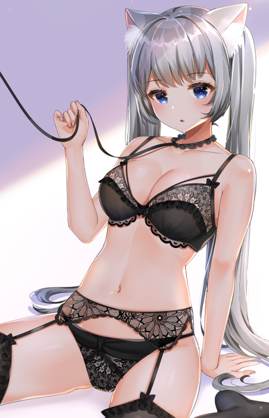 Anime picture 517x800 with original katsushika pachi single long hair tall image looking at viewer blush fringe breasts open mouth blue eyes light erotic simple background sitting twintails holding animal ears payot cleavage fingernails