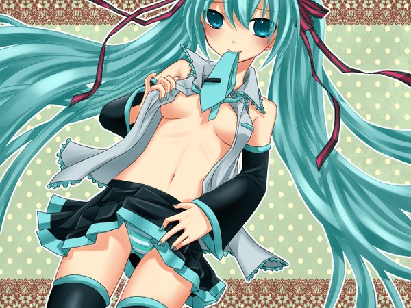 Anime picture 1400x1050 with vocaloid hatsune miku highres light erotic twintails green eyes green hair open clothes open shirt girl underwear panties ribbon (ribbons) detached sleeves