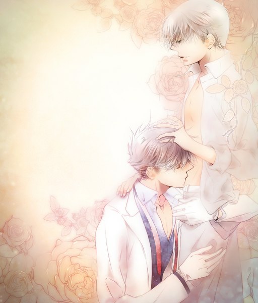 Anime picture 1216x1426 with detective conan kudou shinichi kuroba kaito tennen hz (artist) tall image short hair brown hair silver hair eyes closed profile open clothes multiple boys open shirt couple hug kiss partially open clothes shounen ai boy gloves