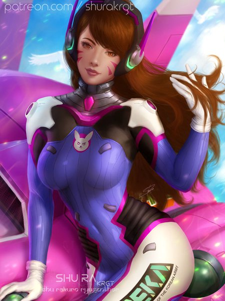 Anime picture 600x800 with overwatch blizzard entertainment d.va (overwatch) meka (overwatch) shurakrgt single long hair tall image looking at viewer fringe breasts brown hair brown eyes signed sky arm up lips realistic inscription arm support