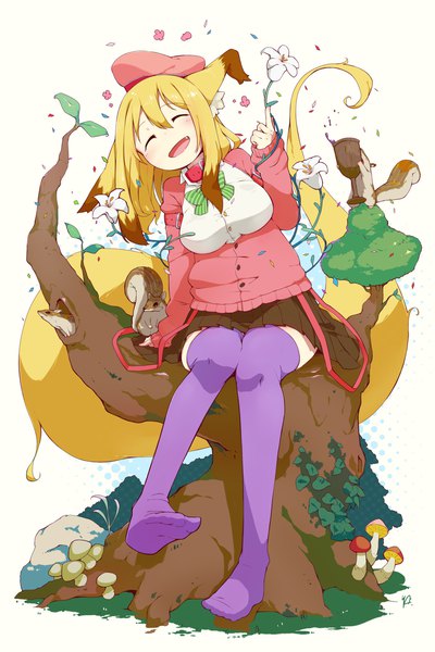 Anime picture 1280x1920 with original yagami ryouichi single long hair tall image breasts open mouth simple background blonde hair large breasts white background signed animal ears tail eyes closed long sleeves animal tail pleated skirt fang (fangs) no shoes