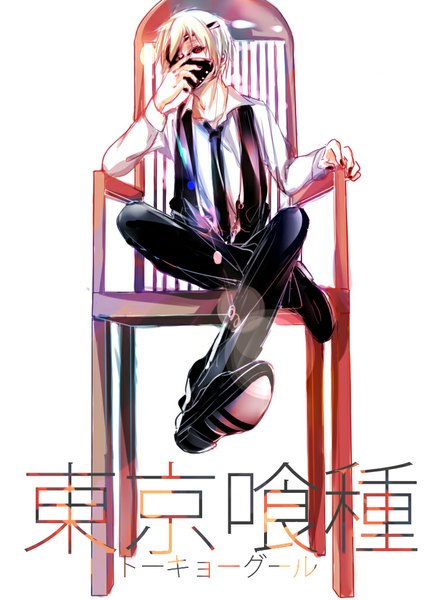 Anime picture 750x1008 with tokyo ghoul studio pierrot kaneki ken toothache single tall image looking at viewer short hair simple background blonde hair red eyes white background sitting inscription crossed legs lens flare hieroglyph soles hand on face boy