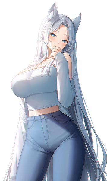 Anime picture 2215x3746 with original meoyo single tall image looking at viewer blush fringe highres breasts blue eyes light erotic simple background smile large breasts standing white background signed animal ears cleavage silver hair