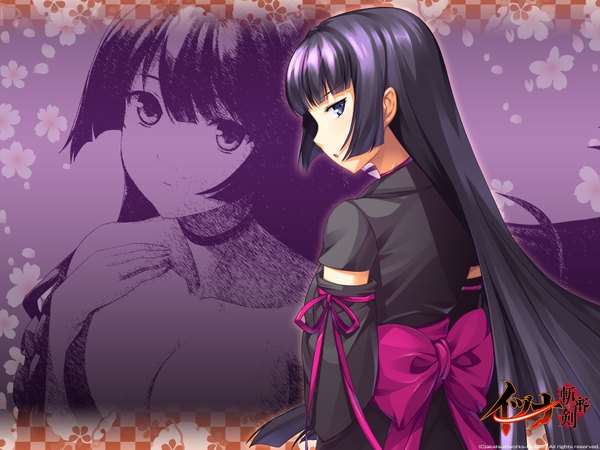 Anime picture 1920x1440 with izuna zanshinken (game) single long hair highres blue eyes purple hair japanese clothes looking back girl bow detached sleeves kimono