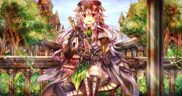 Anime picture 1414x750 with original rudia single long hair looking at viewer wide image twintails purple hair horn (horns) pointy ears goggles on head girl plant (plants) hat tree (trees) jacket shorts belt building (buildings) thigh boots