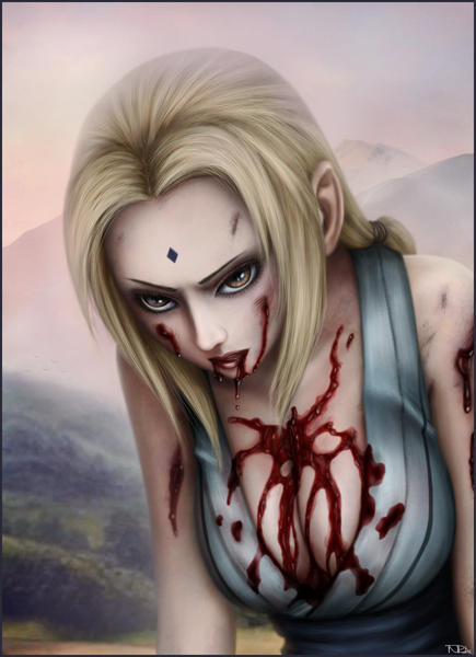 Anime picture 870x1200 with naruto studio pierrot naruto (series) tsunade inira single long hair tall image breasts blonde hair large breasts brown eyes sky cloud (clouds) lips realistic sleeveless facial mark mountain hokage