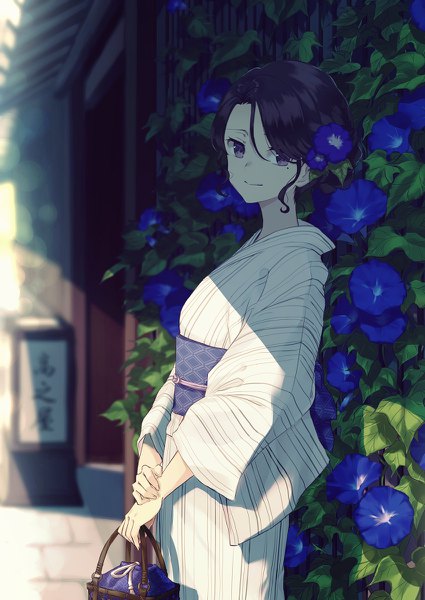 Anime picture 850x1200 with original kusaka kou single tall image looking at viewer black hair standing purple eyes outdoors traditional clothes japanese clothes mole shadow depth of field mole under eye shaded face holding arm girl flower (flowers) obi