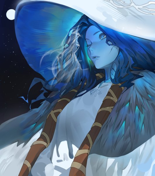 Anime picture 1767x2000 with elden ring ranni the witch hood (james x) single long hair tall image highres blue eyes blue hair looking away parted lips one eye closed blue skin girl hat