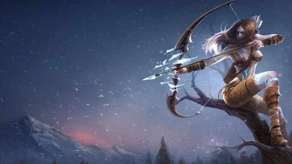 Anime picture 2560x1440 with league of legends ashe (league of legends) single long hair highres light erotic brown hair wide image sitting wind tattoo snowing winter snow mountain morning sunrise shot girl underwear