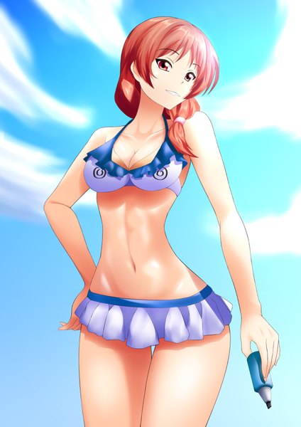 Anime picture 868x1228 with aho girl hanabatake yoshie miraino tsubasa single long hair tall image looking at viewer fringe breasts light erotic smile large breasts holding brown eyes sky cleavage cloud (clouds) parted lips orange hair hand on hip