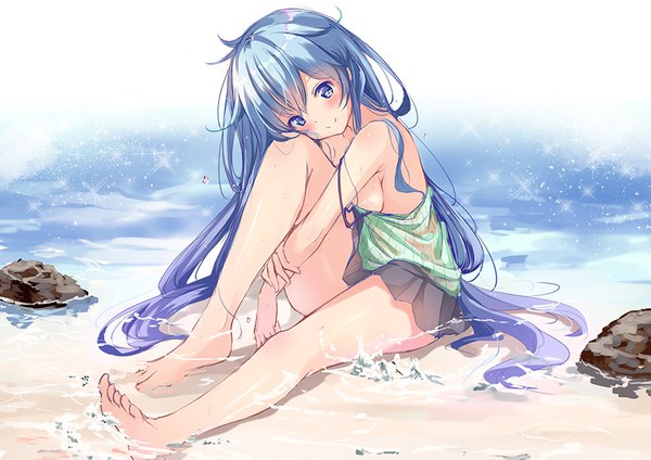 Anime picture 886x627 with yu-gi-oh! eria yukishiro arute single long hair looking at viewer blush fringe breasts blue eyes light erotic smile large breasts sitting bare shoulders blue hair full body head tilt barefoot bare legs