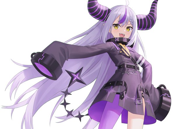 Anime-Bild 4485x3300 mit virtual youtuber hololive la+ darknesss la+ darknesss (1st costume) beomko single looking at viewer highres open mouth simple background standing white background yellow eyes absurdres silver hair ahoge long sleeves very long hair :d multicolored hair