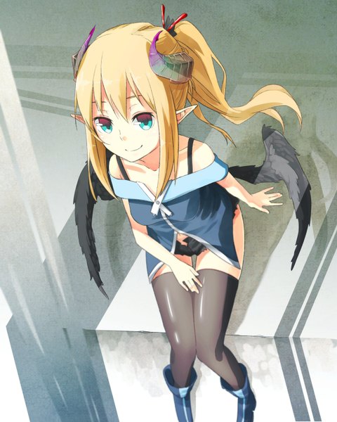 Anime picture 1200x1500 with original ibuki notsu single long hair tall image looking at viewer blonde hair smile bare shoulders ponytail horn (horns) aqua eyes pointy ears shadow black wings girl thighhighs black thighhighs shorts