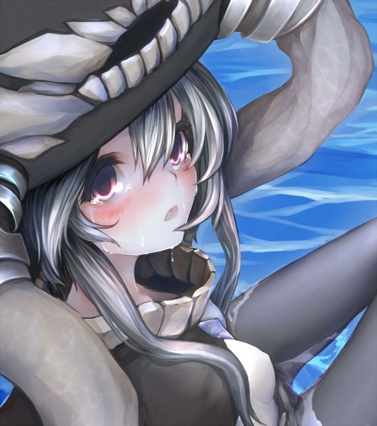Anime picture 1063x1200 with kantai collection wo-class aircraft carrier hachachi single long hair tall image looking at viewer sitting purple eyes teeth grey eyes tears turning head pale skin crying shinkaisei-kan girl water cape bodysuit