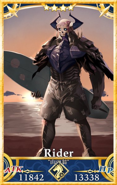 Anime picture 749x1186 with fate (series) fate/grand order king hassan (fate) eiri (eirri) single tall image standing holding horn (horns) official art beach text evening sunset horizon framed surfing boy sea armor