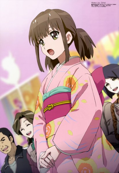 Anime picture 4092x5943 with wake up girls! megami magazine katayama minami long hair tall image highres open mouth brown hair brown eyes looking away absurdres traditional clothes japanese clothes official art girl kimono obi
