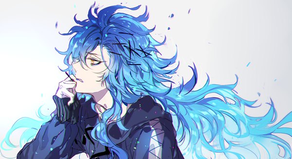 Anime picture 1500x818 with twisted wonderland idia shroud nevakuma (fanfanas) single long hair simple background wide image yellow eyes blue hair looking away profile clenched teeth boy hair ornament x hair ornament