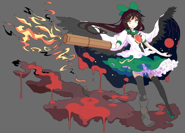 Anime picture 2500x1800 with touhou reiuji utsuho akiposo2580 single long hair looking at viewer highres simple background brown hair standing full body parted lips grey background orange eyes arm cannon girl thighhighs skirt weapon black thighhighs
