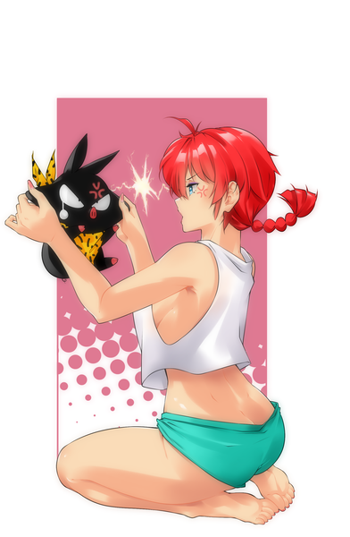 Anime picture 1700x2600 with ranma 1/2 saotome ranma saotome ranma (girl) hibiki ryouga p-chan omiiverse single tall image fringe short hair open mouth blue eyes light erotic simple background sitting bare shoulders holding payot looking away ahoge