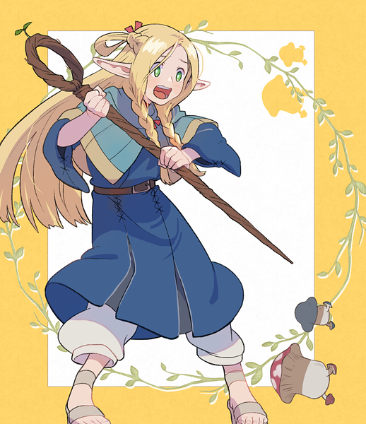 Anime picture 1037x1200 with dungeon meshi studio trigger marcille donato walking mushroom (dungeon meshi) b-saku single long hair tall image open mouth simple background blonde hair white background green eyes looking away full body braid (braids) pointy ears twin braids border half updo