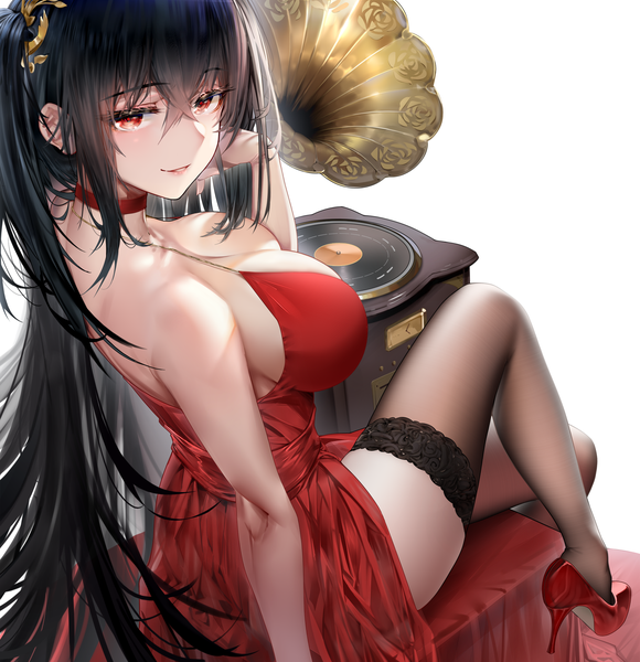 Anime picture 2000x2069 with azur lane taihou (azur lane) taihou (forbidden feast) (azur lane) hbb single long hair tall image looking at viewer blush fringe highres breasts light erotic black hair simple background smile hair between eyes red eyes large breasts white background