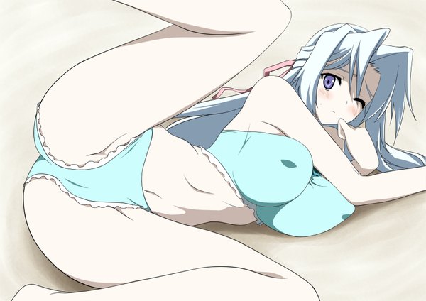 Anime picture 1695x1200 with dragon crisis! maruga (dragon crisis) miyane aki (radical dash) single long hair blush breasts light erotic large breasts purple eyes white hair one eye closed wink leg up girl swimsuit