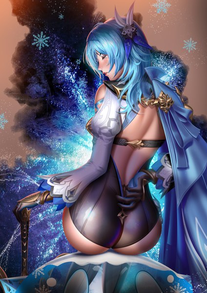 Anime-Bild 2828x4000 mit genshin impact eula lawrence slime (genshin impact) liang xing single long hair tall image fringe highres light erotic sitting payot blue hair ass eyes closed long sleeves parted lips head tilt profile from behind